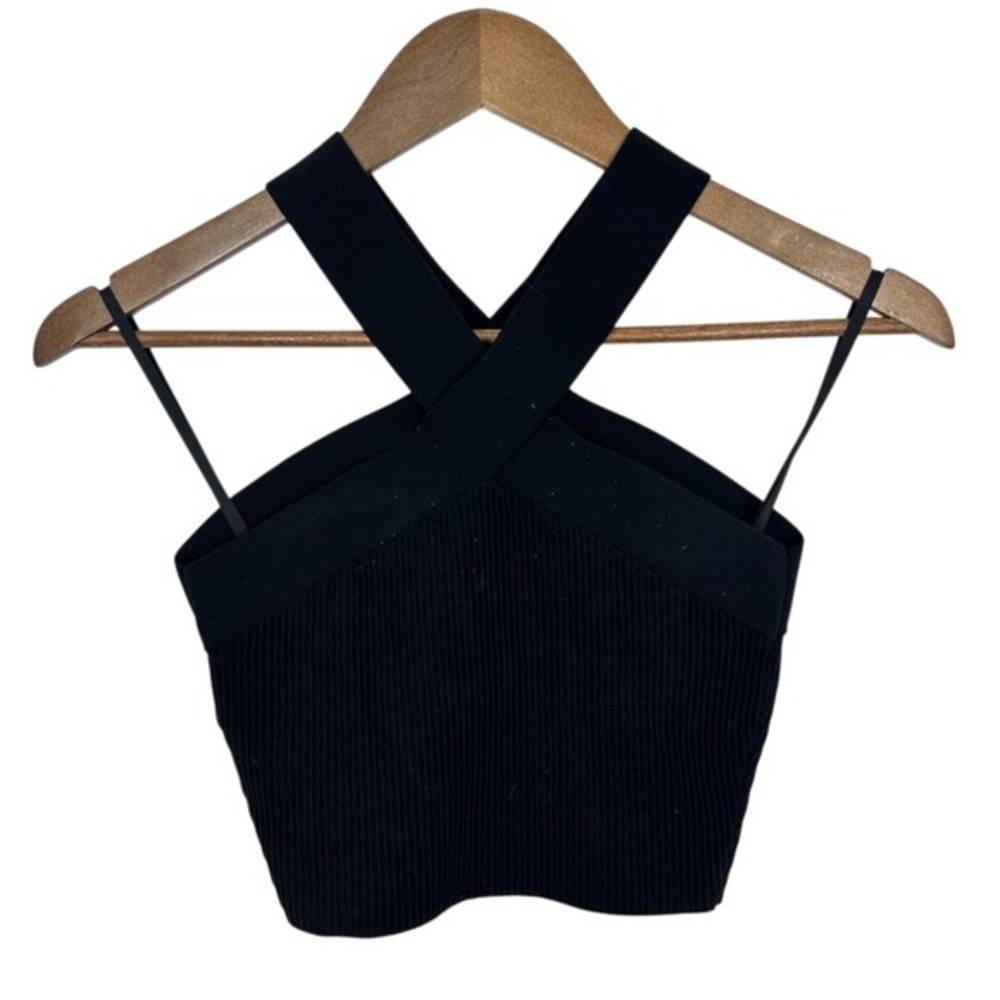 Babaton Black Ribbed Sculpt Knit Crisscross Halter Crop Top Size S - Picture 2 of 8